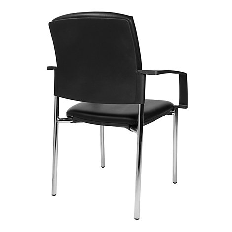 Chaise de bureau noire, vue arrière. Les pieds de la chaise sont chromés, l'assise et le dossier sont en cuir noir.