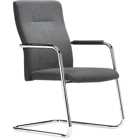 Chaise de bureau cantilever gris foncé avec cadre chromé et accoudoirs.