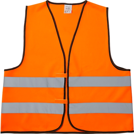 Chaleco de seguridad naranja brillante con dos franjas reflectantes plateadas y borde negro.