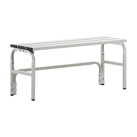 Grey bench with slatted seat and metal frame, ideal for changing rooms or waiting areas.