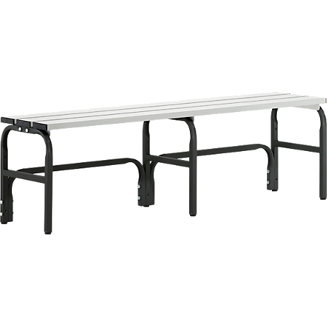 Bench with light-colored wooden seat and dark metal frame, minimalist.