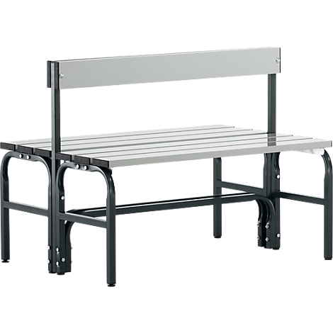 Grey park bench with backrest and slatted base. Black frame.