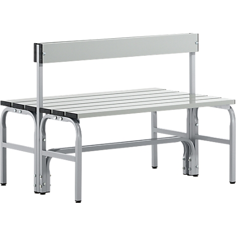 Gray bench with backrest, slatted base and metal frame. The bench is freestanding and detailed.