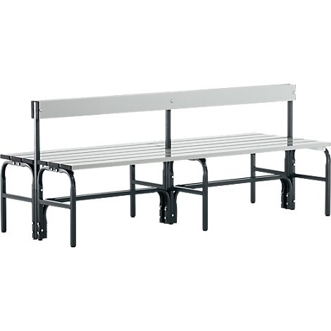 A long park bench with a backrest, gray seat, and white backrest. The frame is made of black metal.