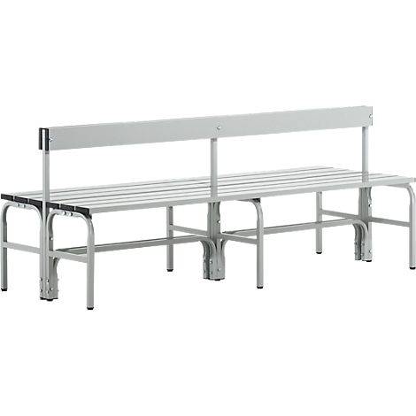 Grey bench with backrest, wooden slats, metal frame. Perspective view.