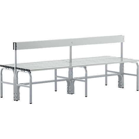 A grey metal bench with slats, backrest and legs reinforced by a crossbar.