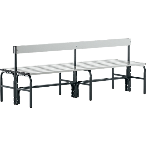 Gray park bench with backrest and gray seat slats. Black metal legs.