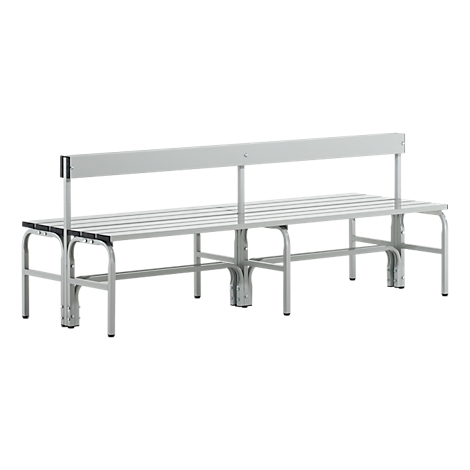 Grey bench with backrest on white background. The bench has a horizontal seating area and the legs are made of metal.