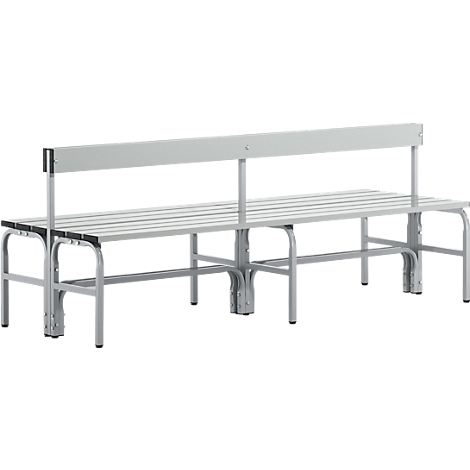 Grey bench with backrest. Metal bench with horizontal slats.