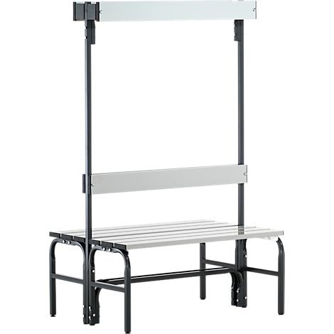 Gray locker bench with steel frame. Crossbars are attached at the top and back.