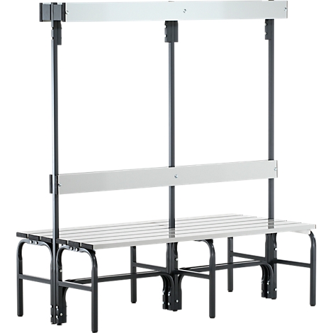 Gray metal frame with seat and two poles connected to a shelf.
