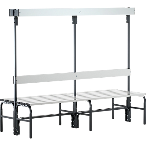 Grey bench with backrest and upper shelf. Black metal frame. The design is functional and modern.