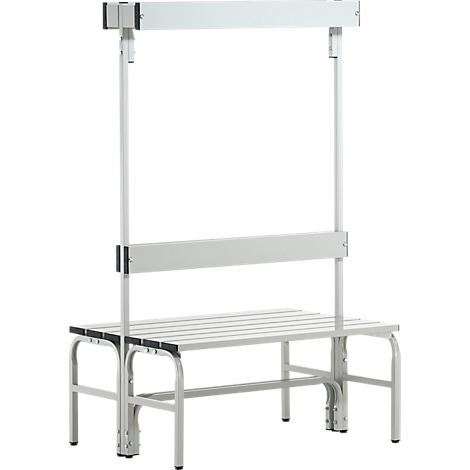 Grey-white wardrobe with seat and clothes rail. The seat is divided by crossbars.