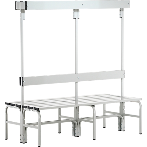 Grey metal bench with backrest and superstructure. It has a seat with wooden slats. The backrest is also made of metal.