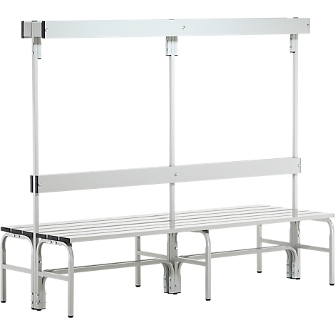 Gray changing room bench with backrest and canopy; metal construction.