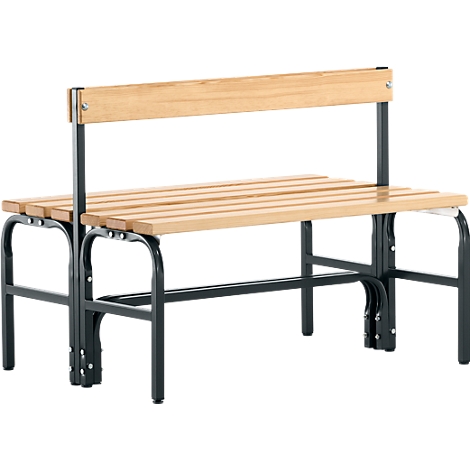 Wooden bench with a black frame and backrest. The seat is made of horizontal wooden slats, the backrest of a continuous board.