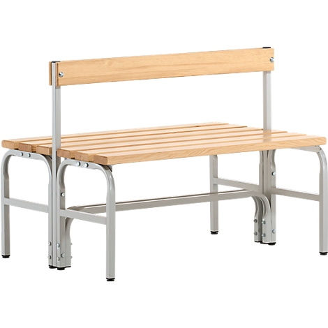 Wooden bench with wooden slatted backrest, gray metal frame.