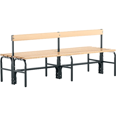 Wooden bench with black metal legs and backrest. The seat is horizontally striped.