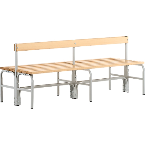 A long wooden bench with backrest on a metal frame.