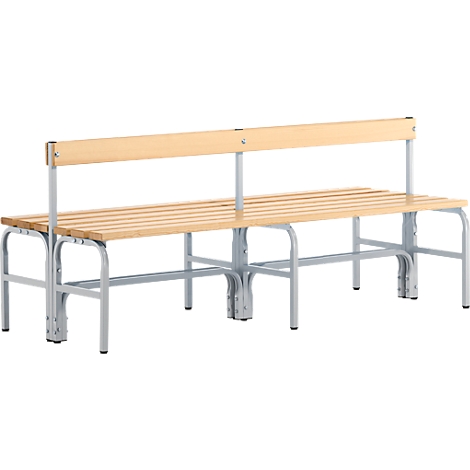 Wooden and metal bench with a backrest. It stands against a light background.
