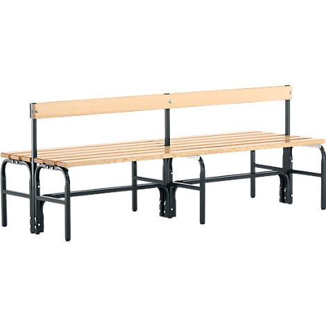 Long bench made of wooden slats with dark metal legs and backrest.