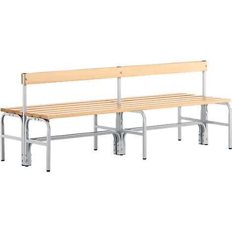 Wooden bench with backrest and metal frame. The seat is made of wooden slats, the backrest of light wood. The frame is silver.
