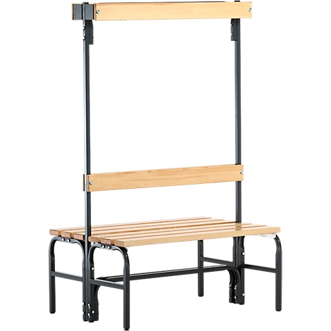 Wooden bench with black frame and upper frame. The bench has a backrest.