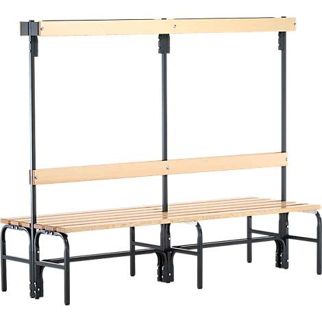 Multi-part bench with backrest and upper shelf, black frame, light wood.