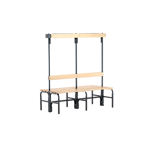 Wooden bench with integrated clothes rail and backrest, free-standing. Metal frame. Light wood and dark metal.