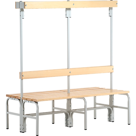 Light wood bench with back and clothes rail, metal frame. Ideal for changing rooms.