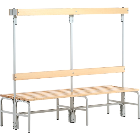 Changing room bench with wooden slats and metal frame. Above, a bar.