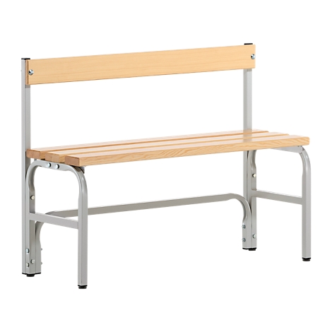 Light wood bench with backrest and gray metal legs, against a white background.