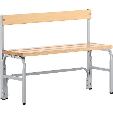 Wooden bench with backrest and grey frame, ideal for changing rooms.