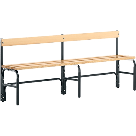 A wooden bench with a backrest on a black metal frame.