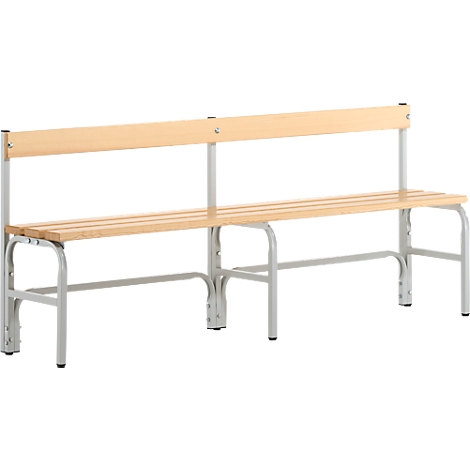 Wooden bench with backrest and metal frame, light wood, gray metal.