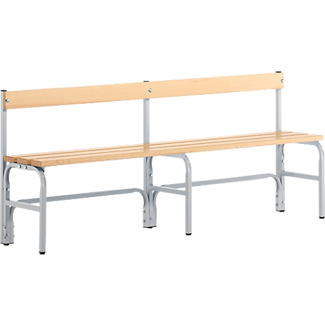Wooden bench with gray metal legs and backrest. Ideal for waiting areas or changing rooms.