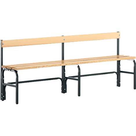 Wooden bench with black metal frame and backrest. For indoor or outdoor use.