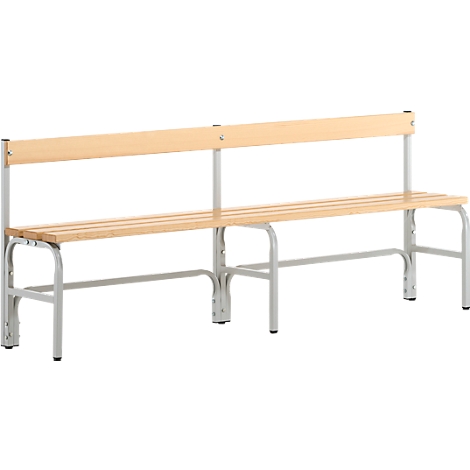 A light brown wooden bench with gray metal legs and backrest. Detailed view, straight perspective.