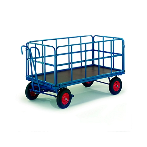 Chariot de transport bleu avec cadre en treillis et pneus rouges sur fond blanc.
