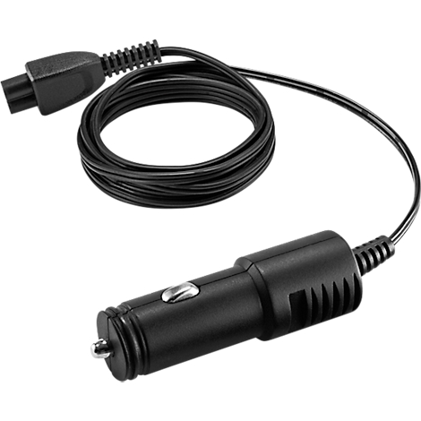 Câble de chargeur de voiture noir avec une prise, un adaptateur allume-cigare et un câble noir.