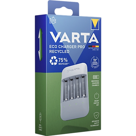 Chargeur de batteries VARTA avec quatre batteries, boîte avec logo, informations de recyclage.