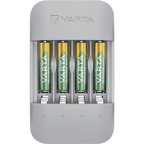 Chargeur de batterie gris avec quatre piles jaune-vert et logo VARTA.