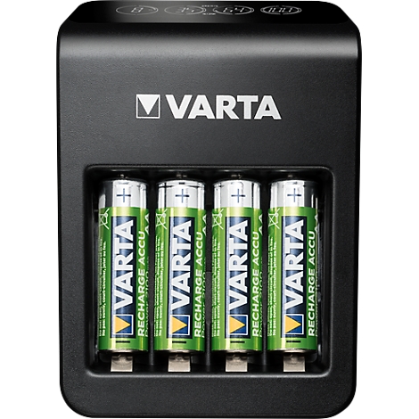 Chargeur de batterie noir avec quatre piles rechargeables. La marque VARTA est visible sur l'appareil.