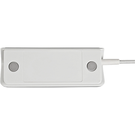 Rectangle blanc aux coins arrondis. Boutons gris, un câble à droite.