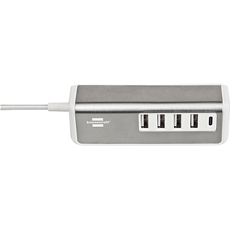 Hub USB gris et blanc avec quatre ports. Le câble est blanc.