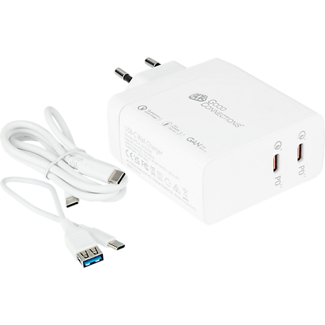Chargeur blanc avec deux ports USB-C et un câble de charge blanc assorti avec connecteurs USB-A et USB-C.