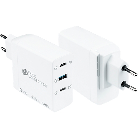Deux chargeurs blancs côte à côte. L'un indique 'Good Connections'. Trois sorties.