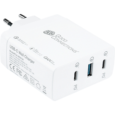 Chargeur mural USB-C blanc avec deux ports USB-C et un port USB-A. Il porte l'impression "Good Connections".
