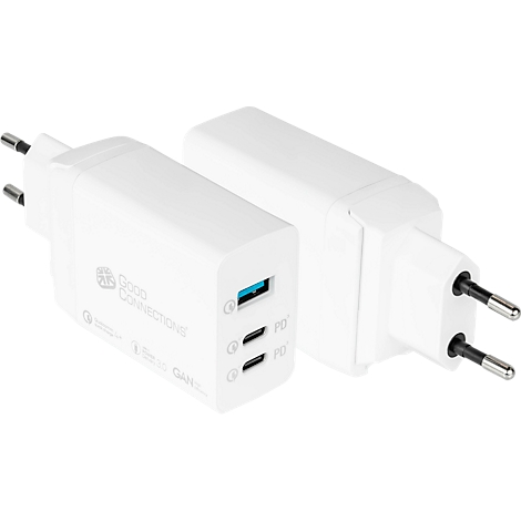 Deux chargeurs blancs avec ports USB, prise et impression.