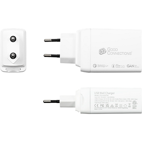 Trois vues d'un chargeur mural USB blanc. Inscription : Good Connections, Qualcomm Quick Charge, Power 3.0, GAN. En bas : Chargeur mural USB, divers logos.